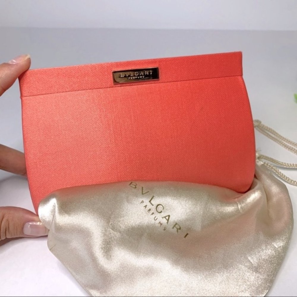 NWB BVLGARI Parfums Perfumes Mini Framed Clutch Peach Silk Covered bag
